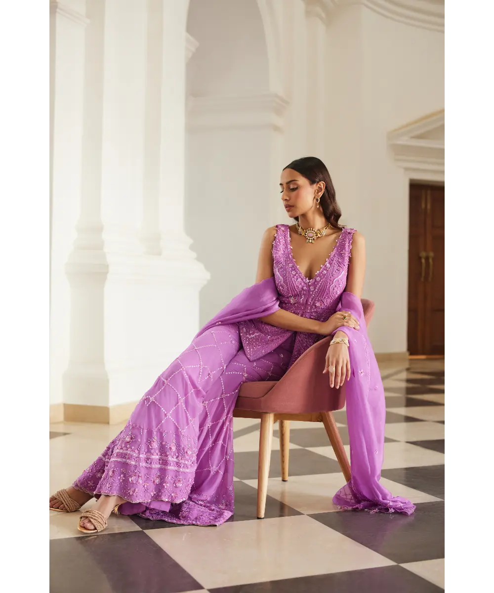 SANYA GULATI- Bubblegum Pink Tonal  Peplum Sharara